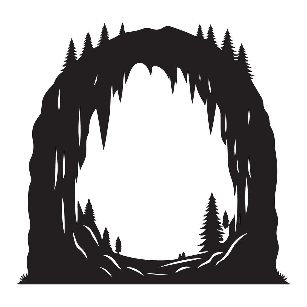 Mystical Cave Silhouette with Trees Illustration vector