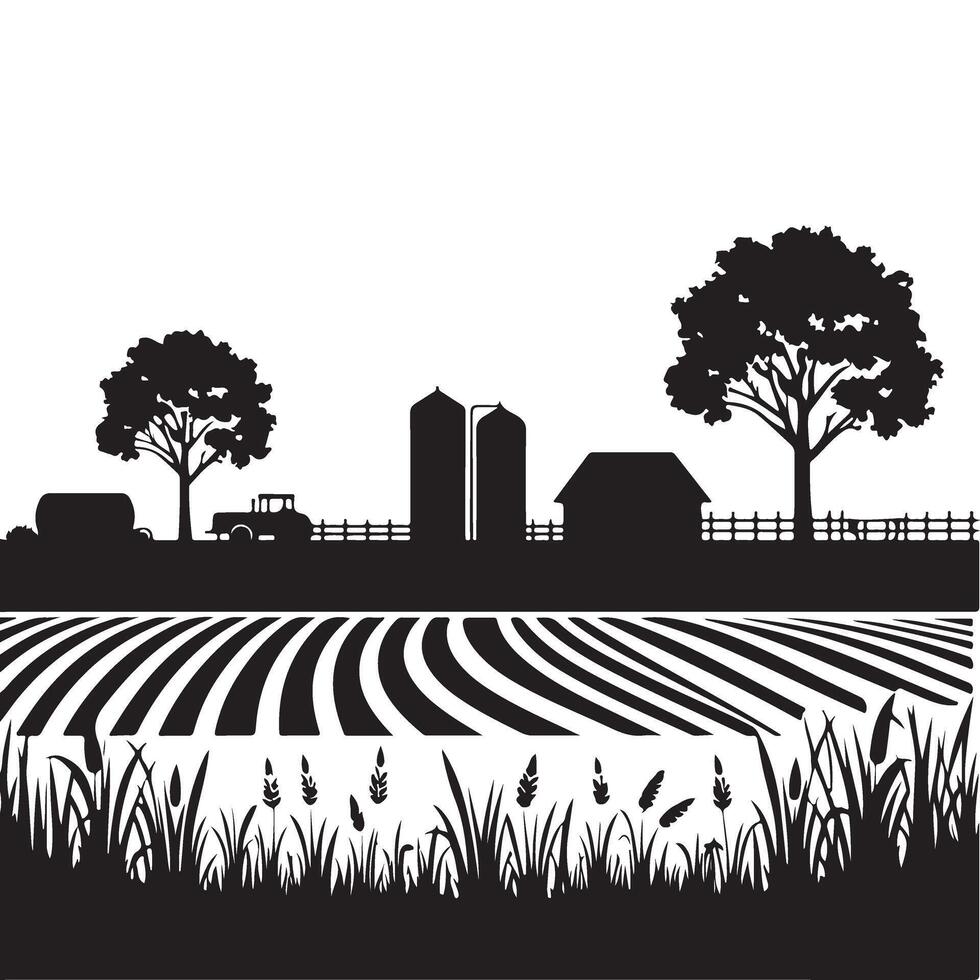 Scenic Farm Landscape Silhouette Illustration for Agricultural Designs vector