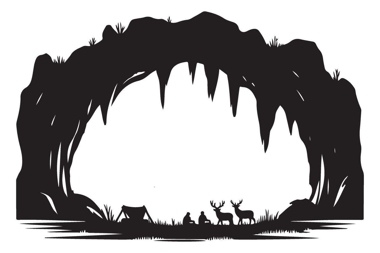 Camping in a Cave Silhouette Illustration with Deer vector