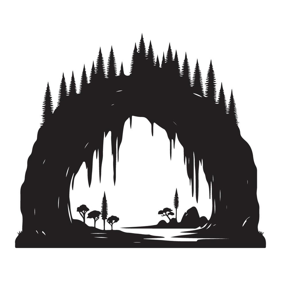 Cave Entrance Silhouette Landscape Illustration with Trees vector