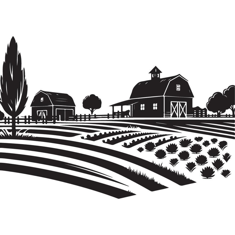 Rustic Farm Landscape Silhouette with Barn and Field Design vector