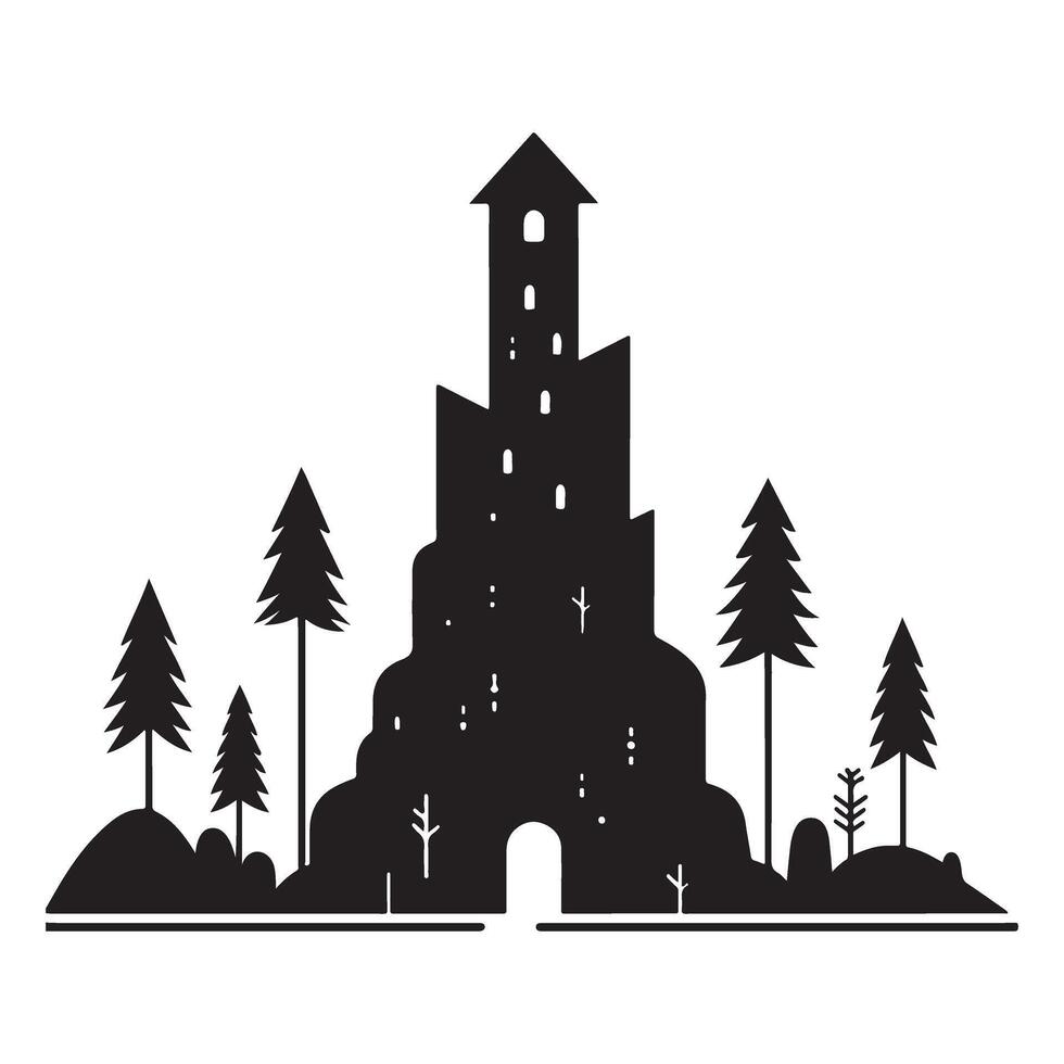 Mystical castle perched atop a hill silhouette illustration design vector