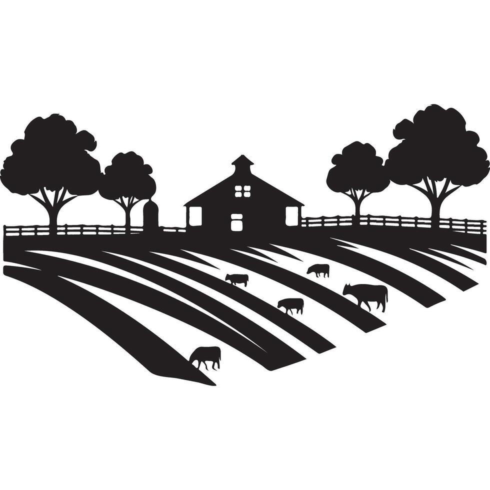 Scenic Farm Landscape Silhouette with Cows Grazing in Fields vector