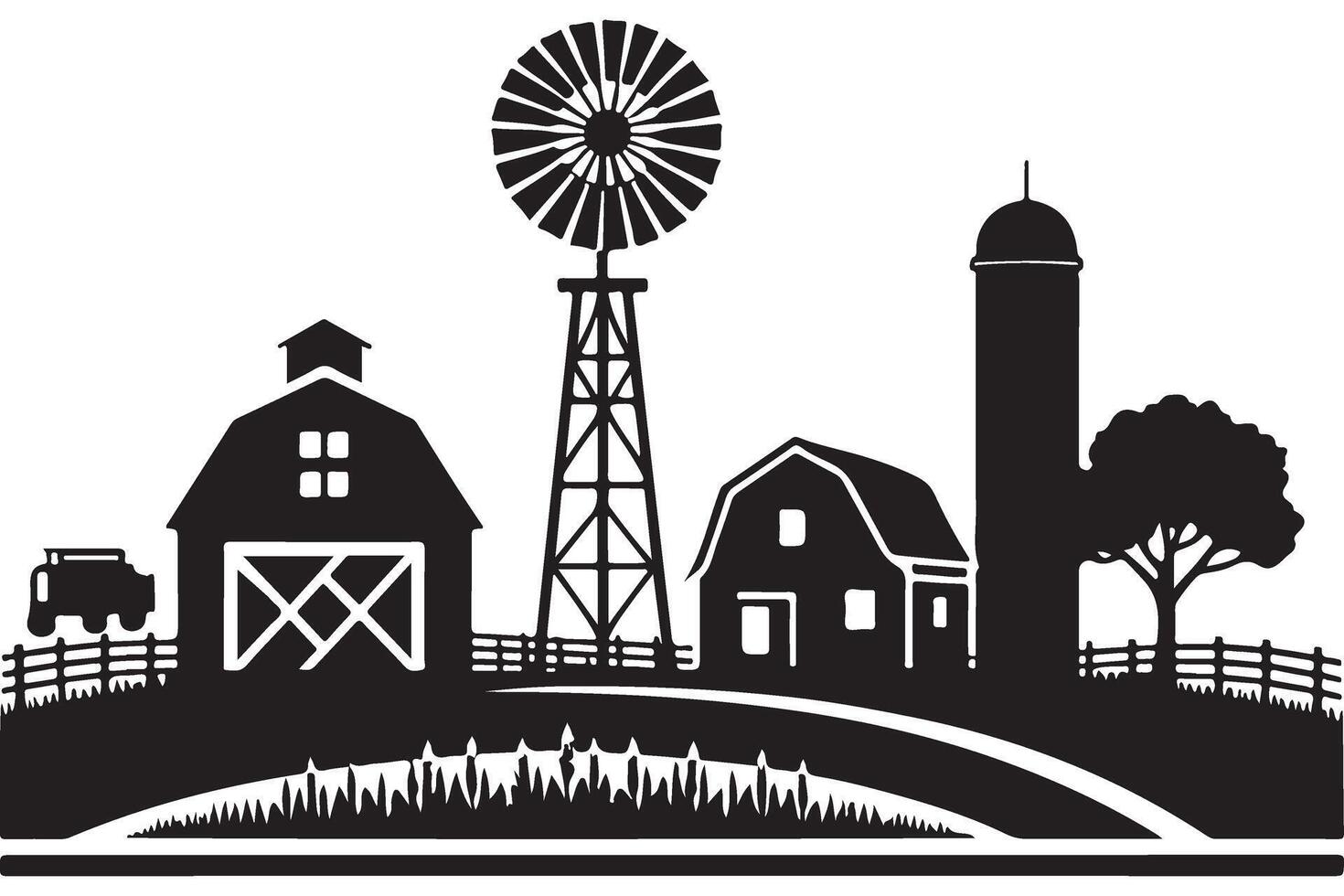 Classic farm scene illustration with barn and windmill silhouette vector