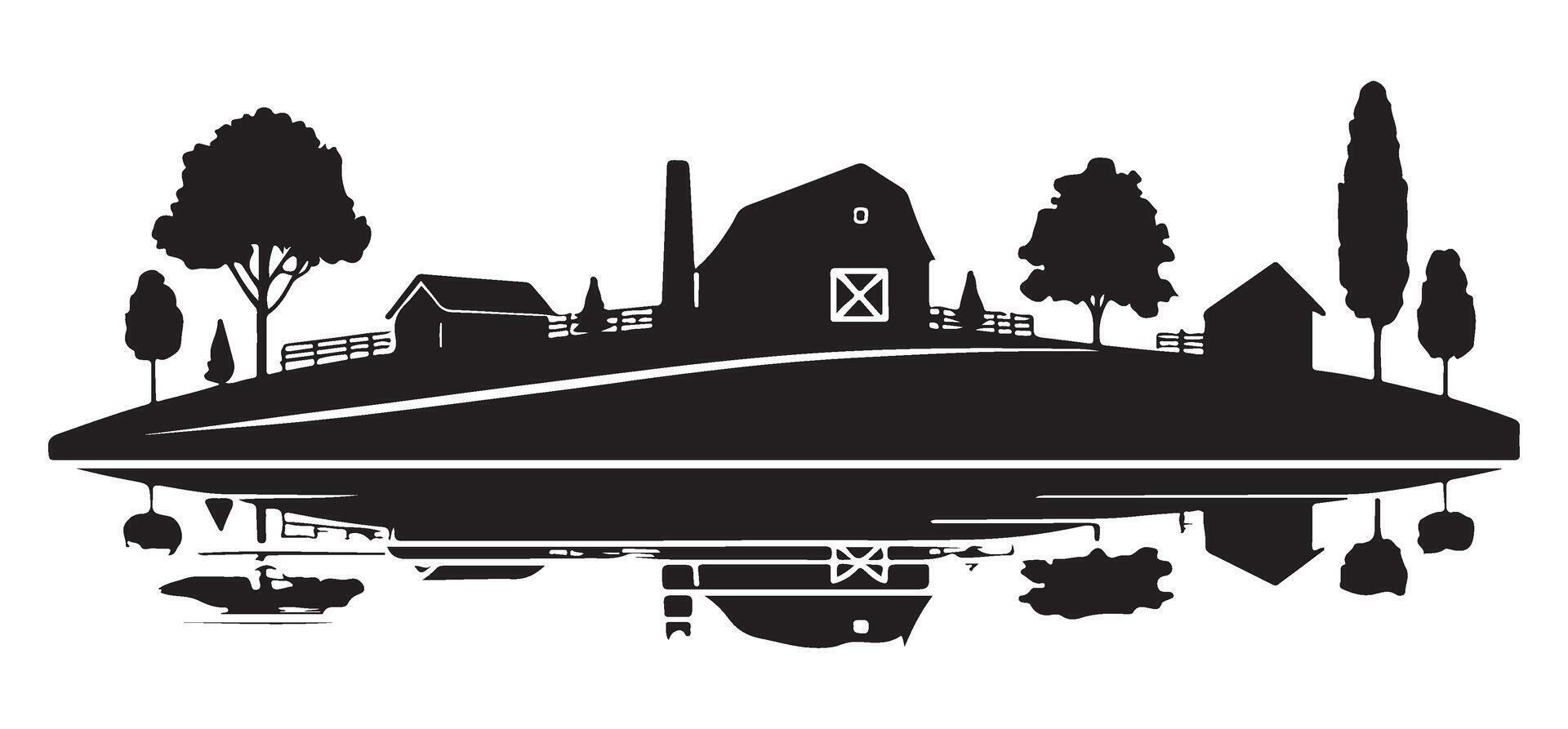 Rural farm reflection illustration a peaceful countryside landscape silhouette vector