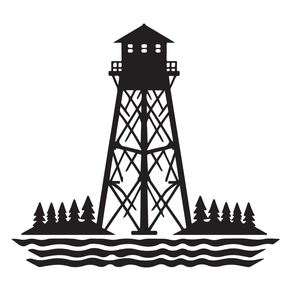 Lake Watchtower Cabin Scenic Illustration Silhouette Design vector