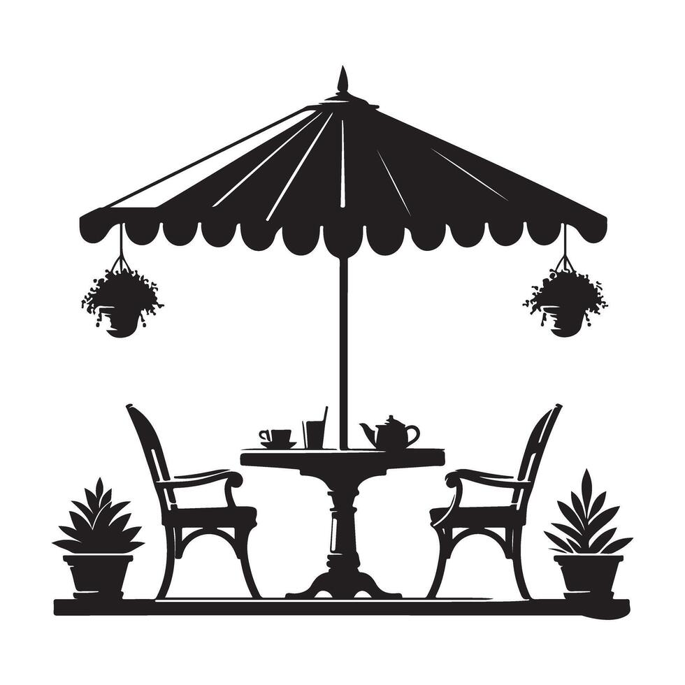 Charming Outdoor Cafe Silhouette with Table Chairs and Umbrella Design vector