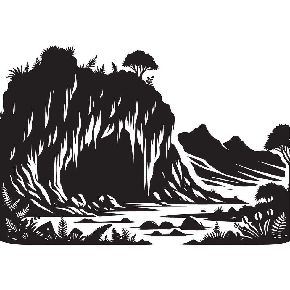 Dramatic Cave Landscape Silhouette with Waterfall and Lush Vegetation vector