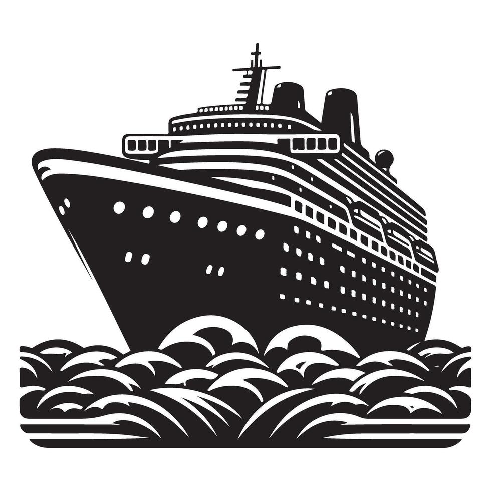 Majestic Cruise Ship Illustration Navigating Ocean Waves Silhouette Design vector