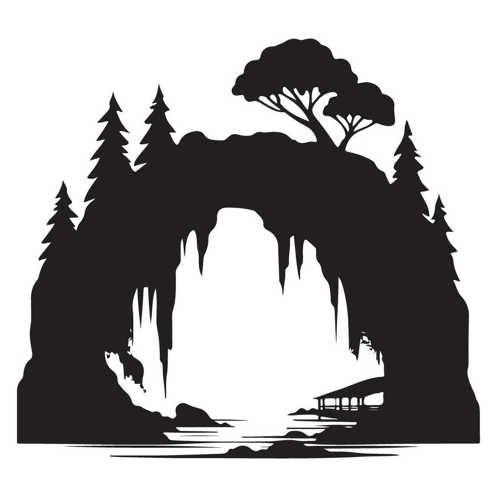 Magnificent Cave Archway with Trees and Water Silhouette Illustration vector