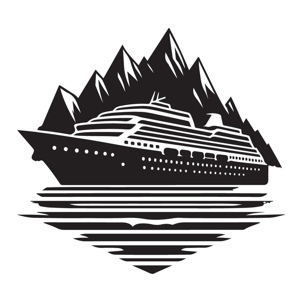 Scenic Cruise Ship with Mountain Backdrop Silhouette Illustration Design vector