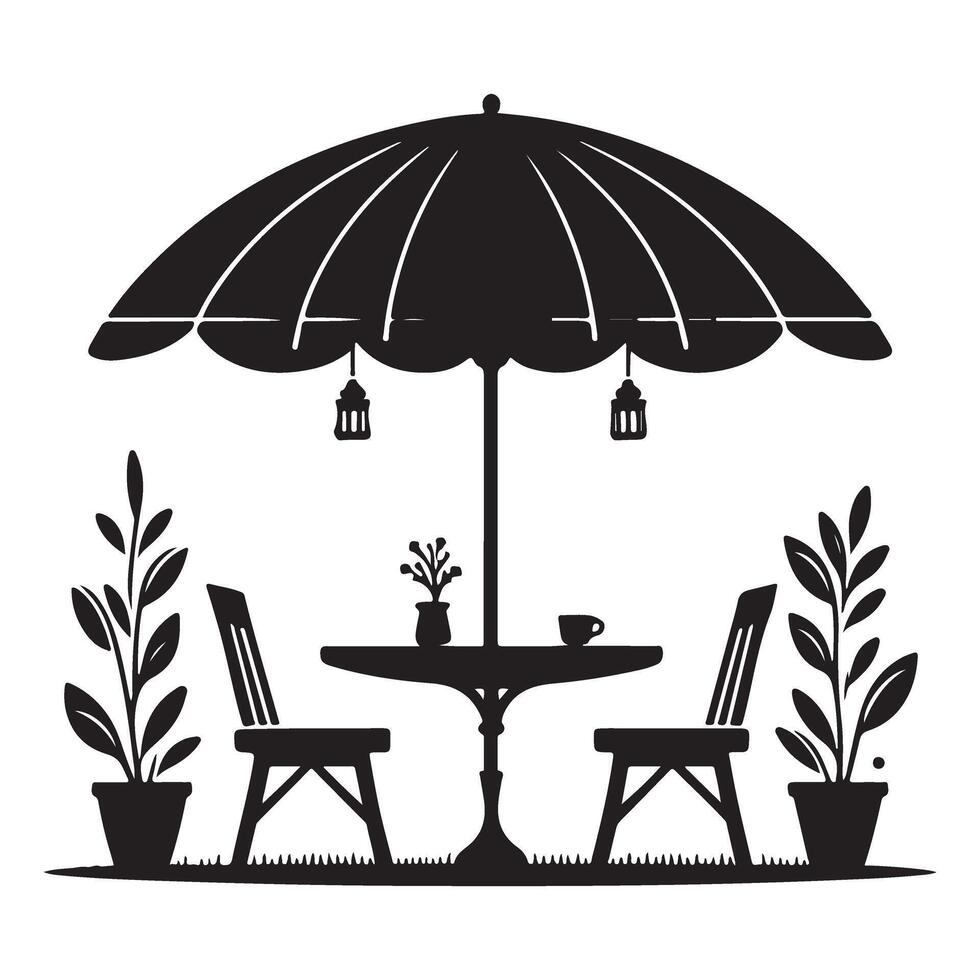 Charming Outdoor Cafe Scene with Table Umbrella Silhouette Illustration vector