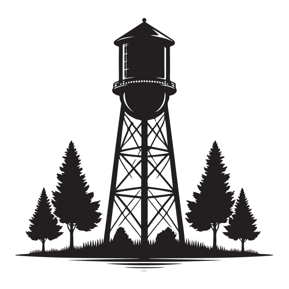 Vintage Water Tower Silhouette Illustration Landmark Scenic Landscape vector