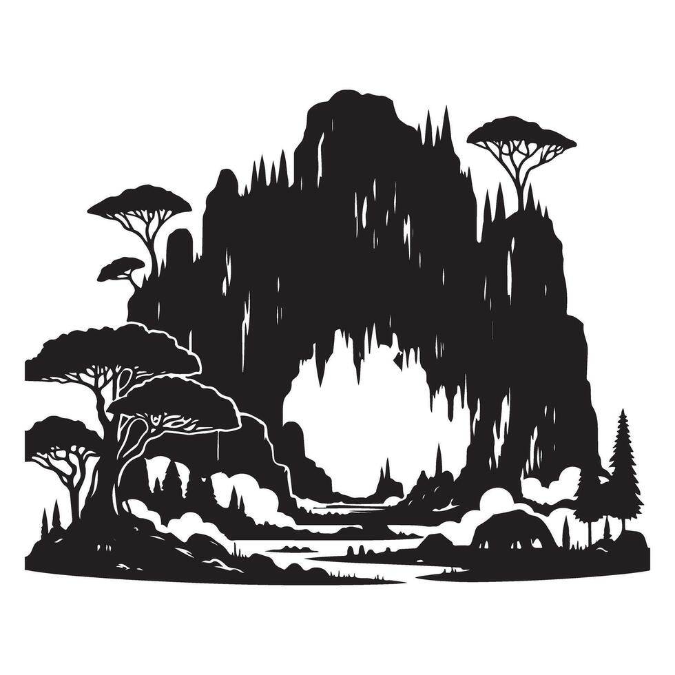 Enchanting cave landscape with trees a natural archway silhouette design vector