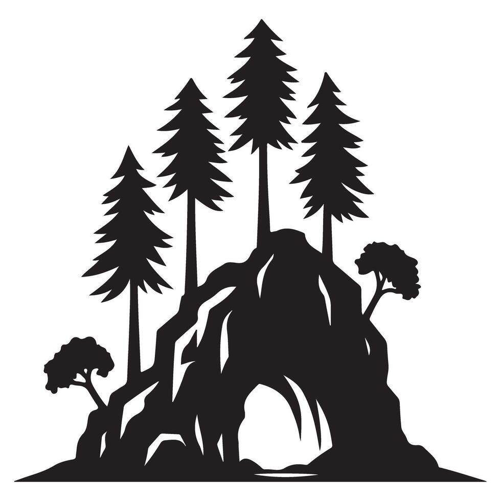 Dramatic rock formation with arch and tall trees silhouette illustration vector