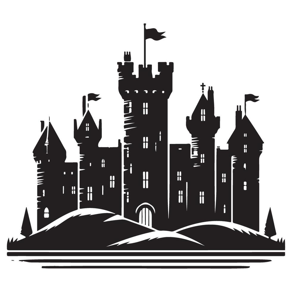 Majestic Castle Silhouette with Towers and Flags Fortified Structure Art vector