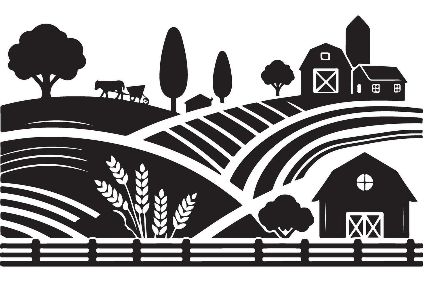 Rolling farm fields art featuring barns and wheat vector