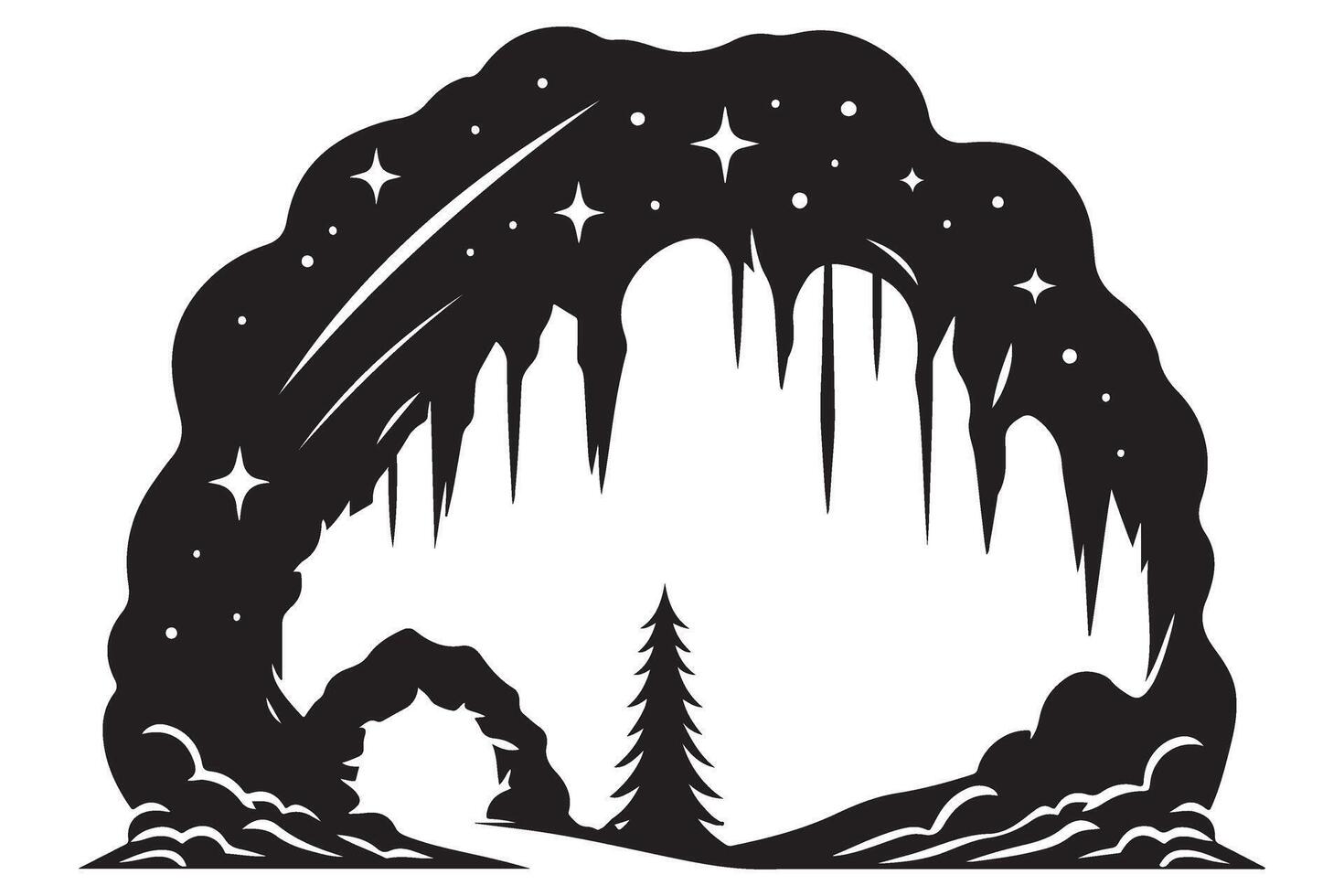 Stylized cave silhouette illustration with stars above vector