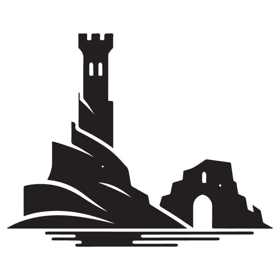 Dramatic coastal fortress tower silhouette illustration for adventure travel concepts vector