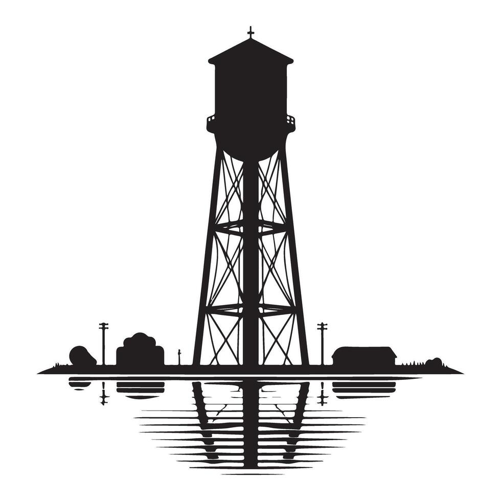 Water tower and reflection silhouette cityscape rural landscape vector