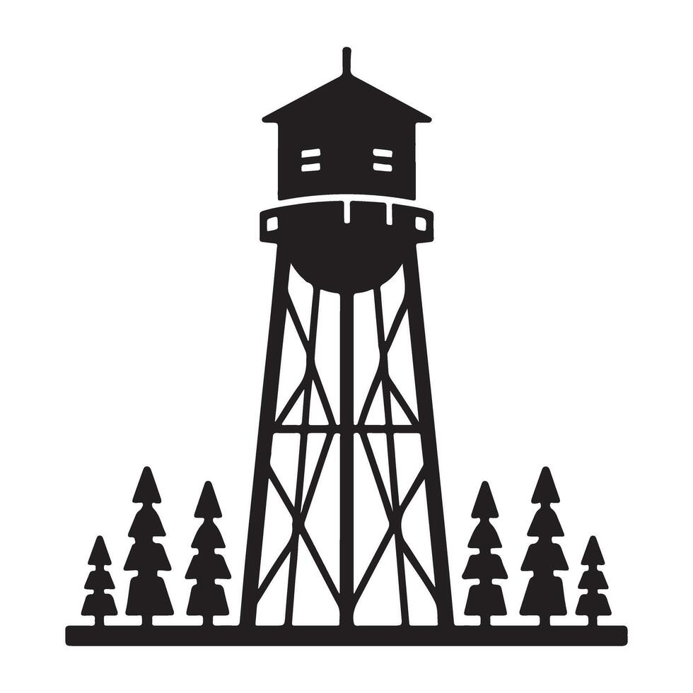 Rustic water tower pine trees silhouette wilderness serene scenic view vector