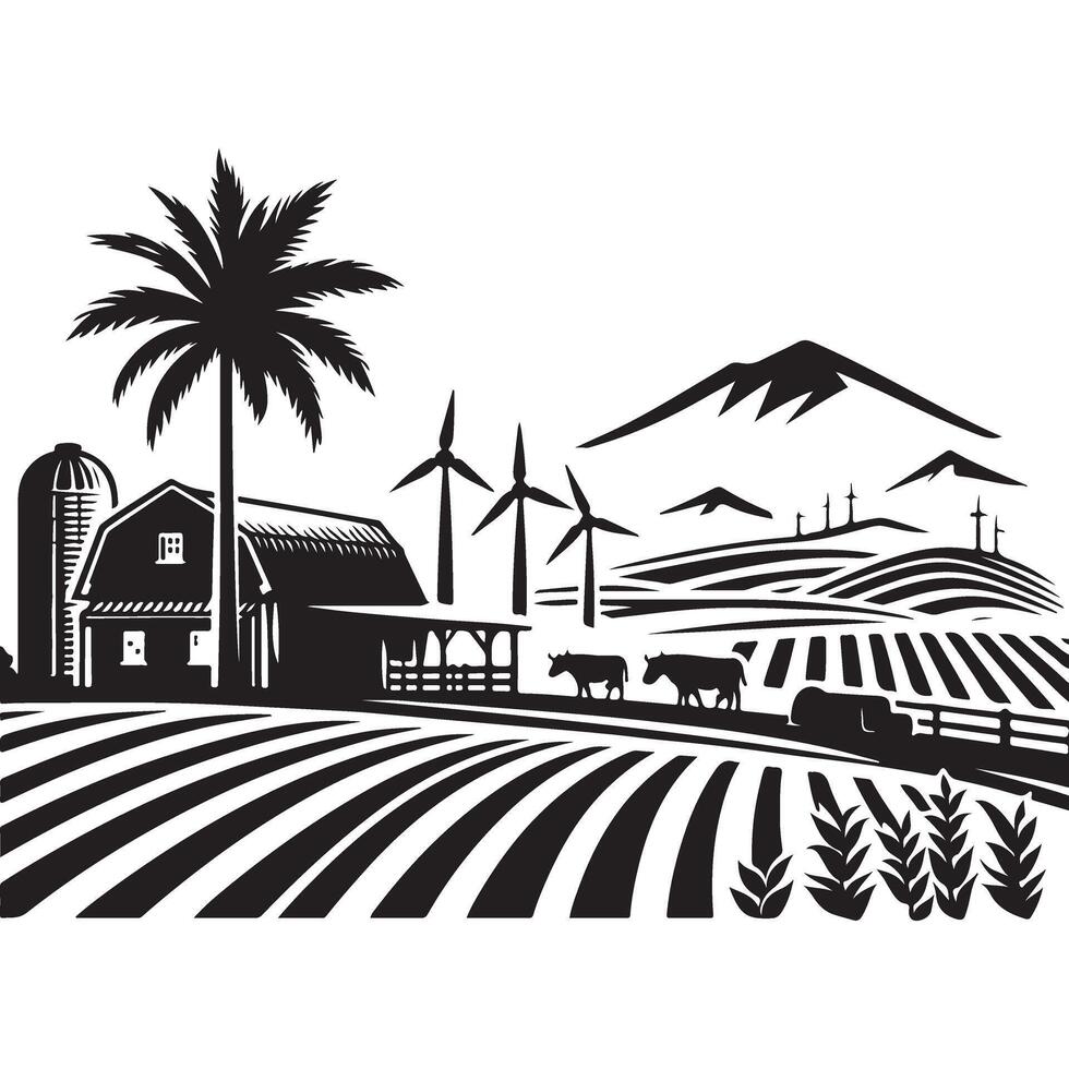 Scenic Farmland Landscape With Barn Cows Windmills Illustration vector