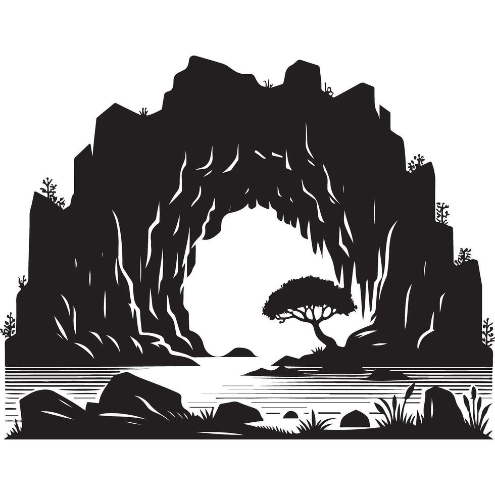Mystical Cave Lake With Tree Silhouette Illustration Design vector