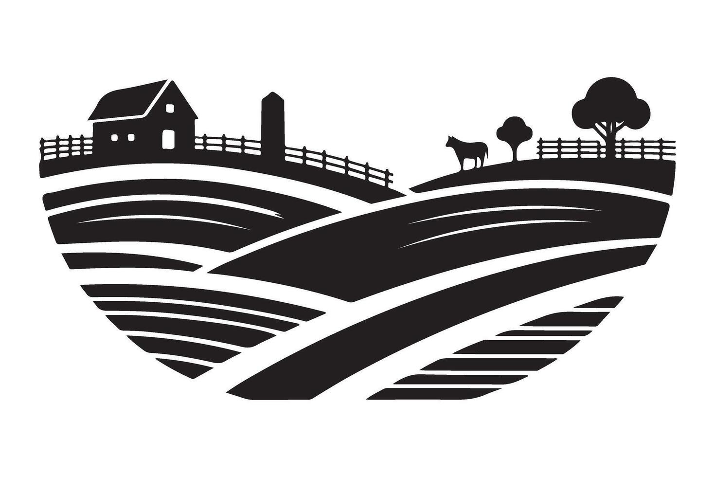 Rolling Hills Farmland With Barn And Horse Silhouette Illustration vector
