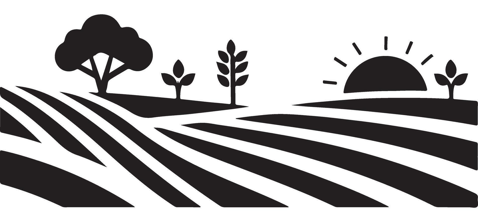Picturesque countryside landscape with rolling hills, trees, and sun illustration vector
