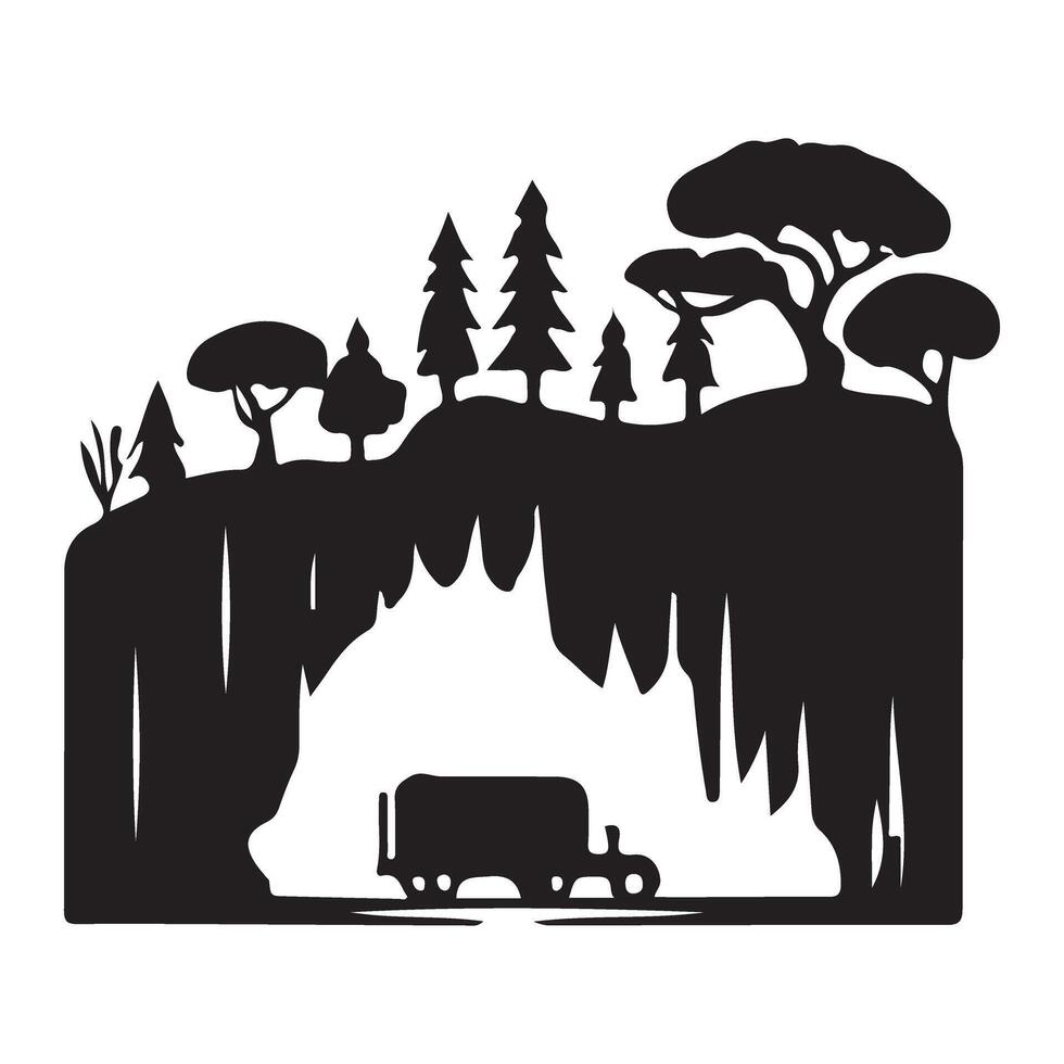 Mountain Cave Silhouette Illustration with Trees and Cliffs Design vector