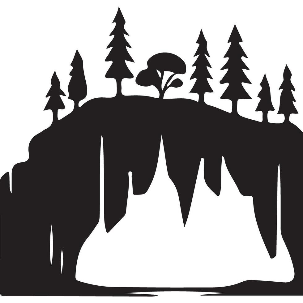 Detailed Mountain Cave Silhouette with Tree and Lake Design vector