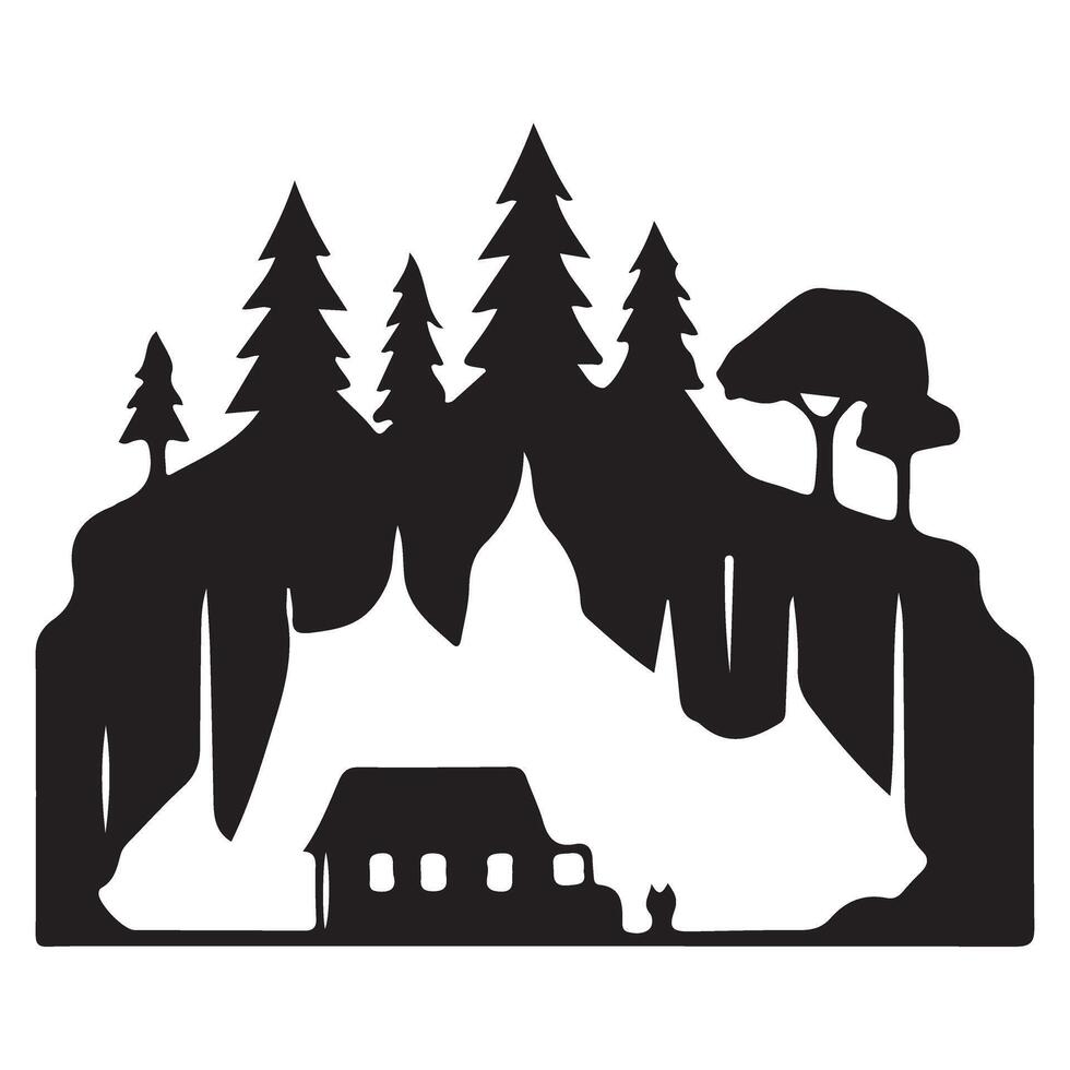 Tranquil Mountain Cave Silhouette Black Art Graphic Design vector