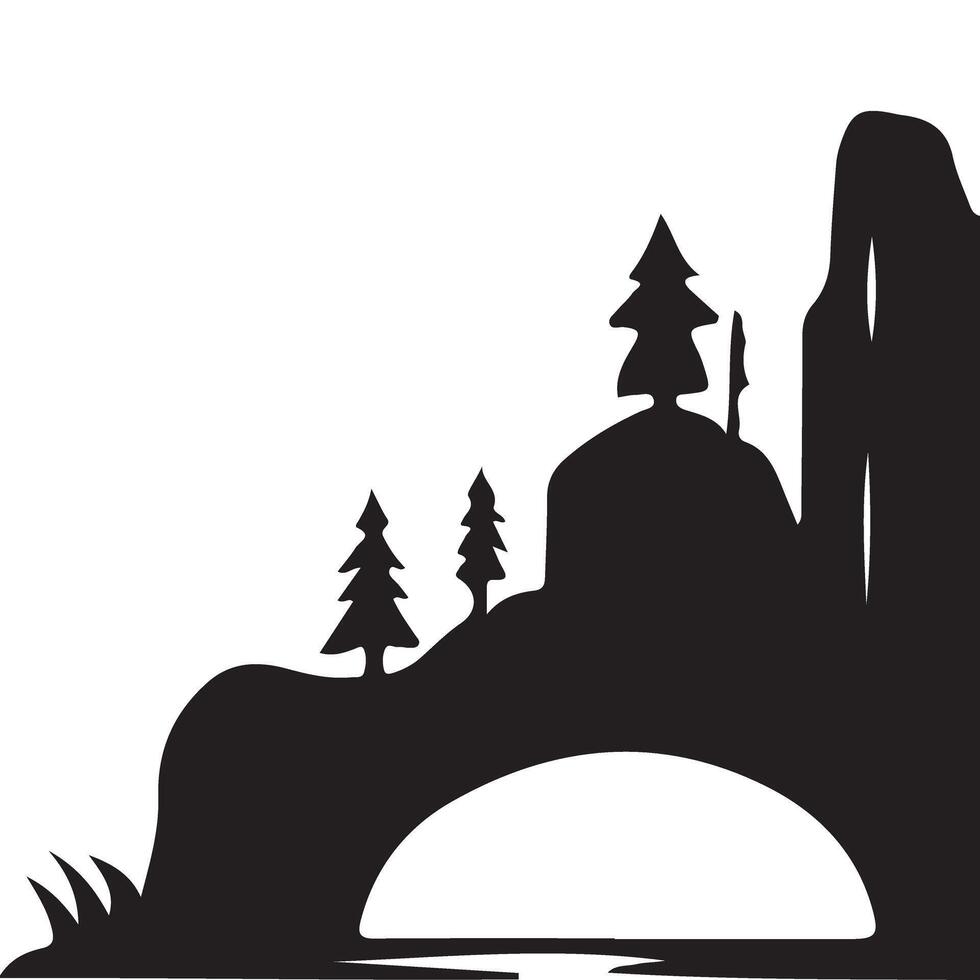 Serene Mountain Cave Silhouette Illustration Corner Design vector