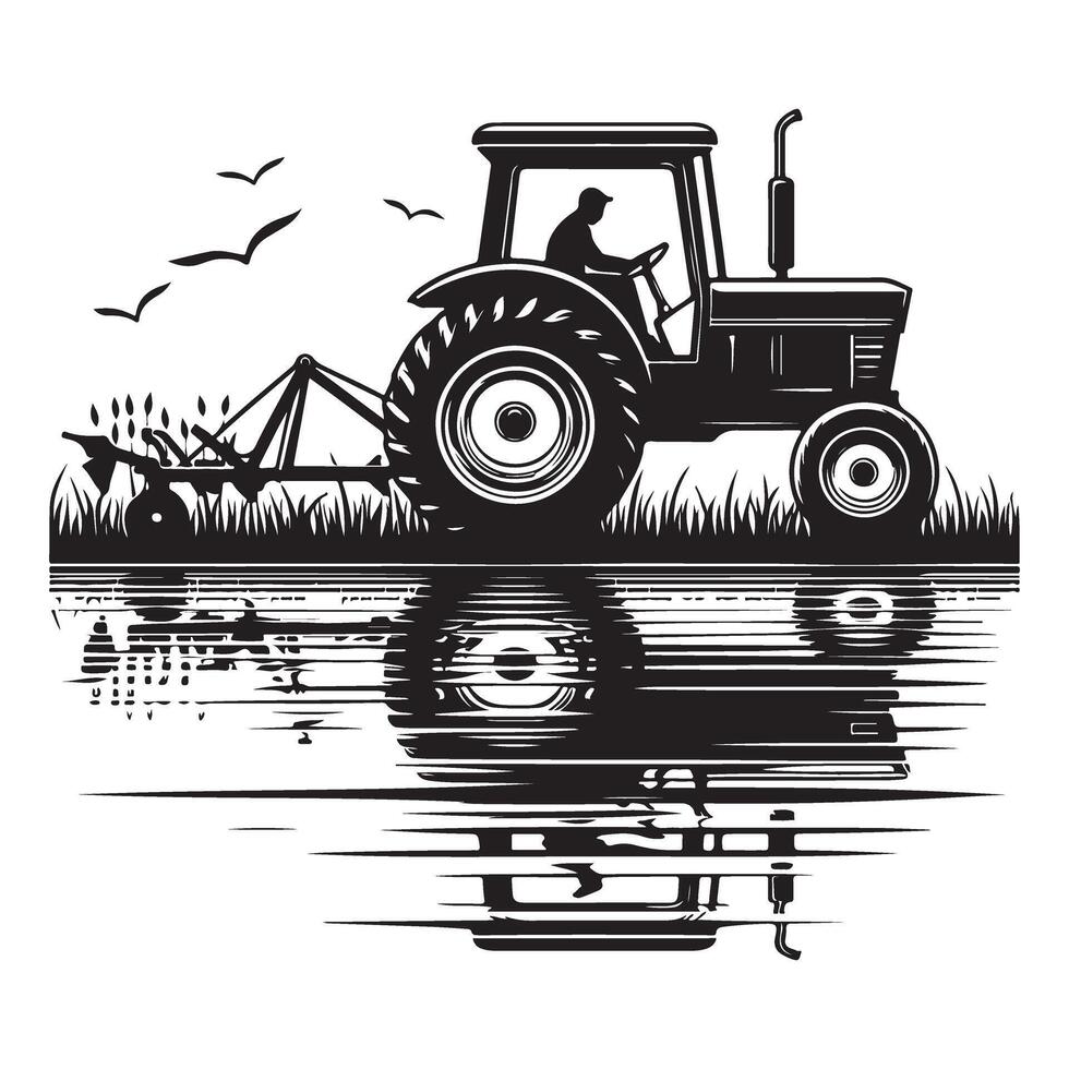Monochrome Tractor Silhouette Plowing Field Reflecting in Water Illustration vector