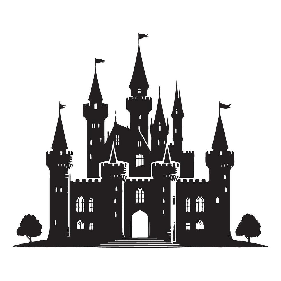 Detailed Castle Silhouette Towers Flags and Trees Illustration vector