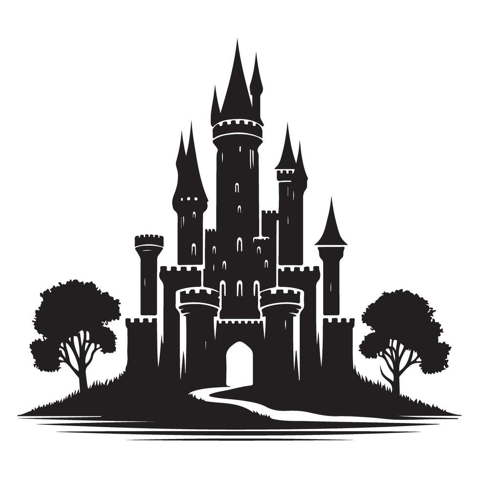 Enchanting Castle Silhouette Art With Turrets And Towers Illustration vector