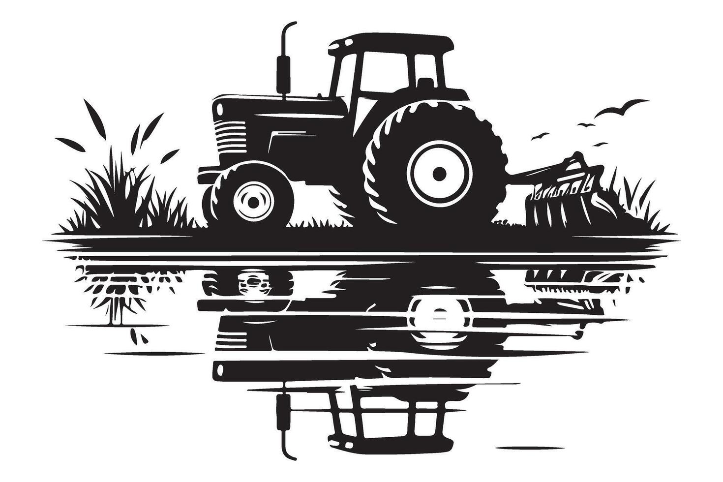 Tractor Silhouette on a Farm Landscape with Water Reflection vector