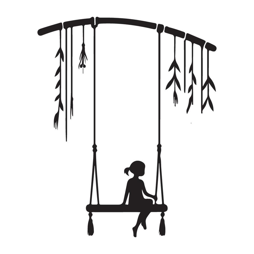 Girl on Swing Silhouette Hanging from Tree Branch Art vector