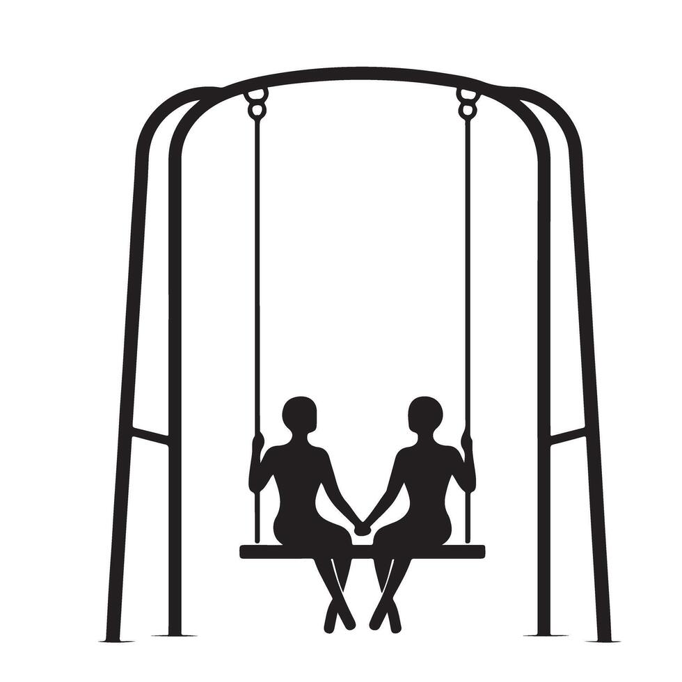 Silhouette illustration of two people on a swing set enjoying togetherness vector