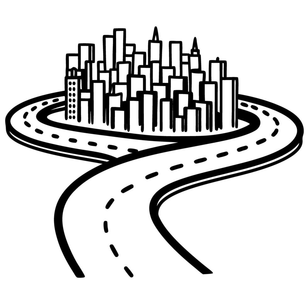 Curved road leading to futuristic cityscape illustration urban modern skyline with winding highway path vector