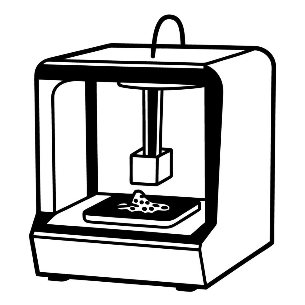 printer creating object simplified black outline, technology illustration, additive manufacturing process vector