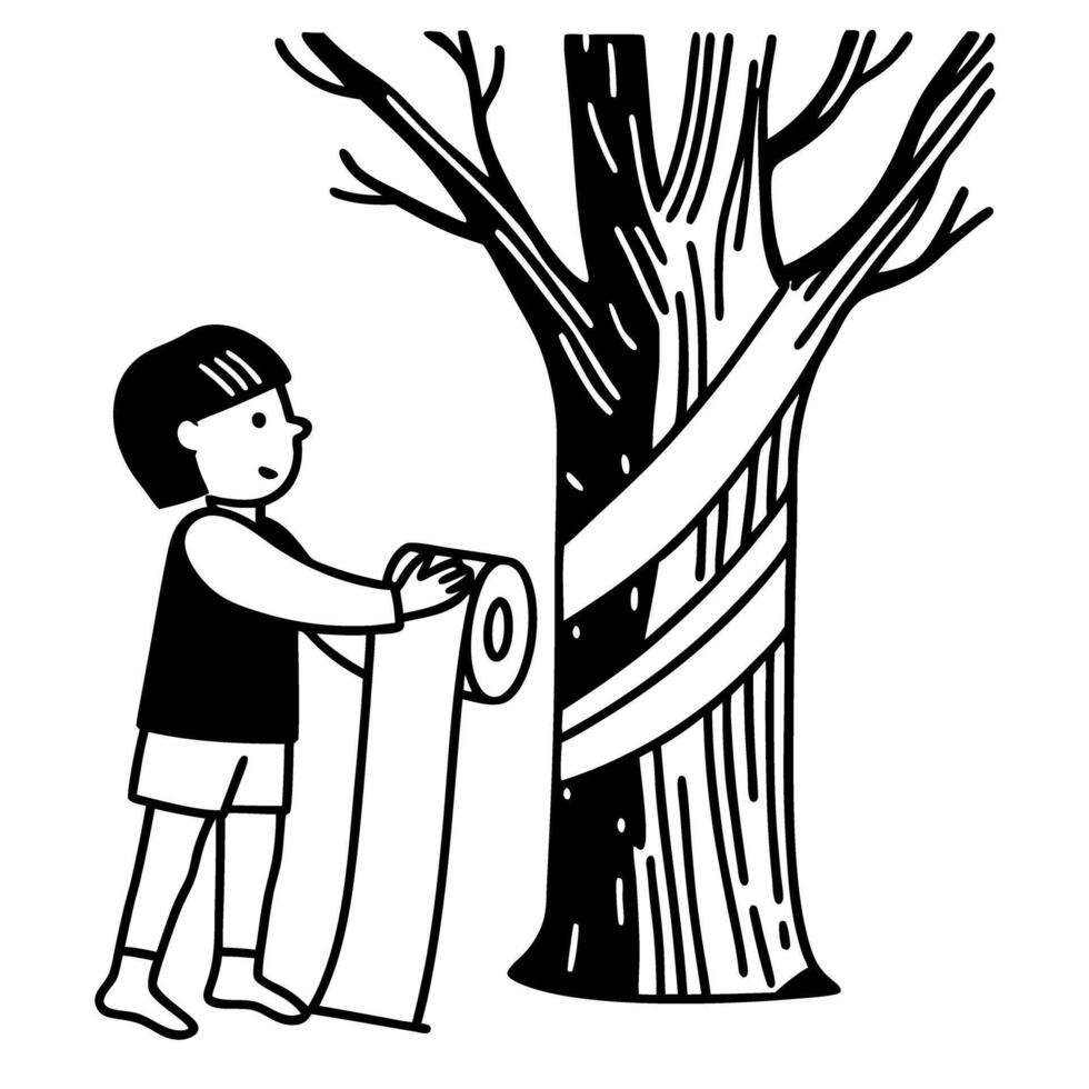 child playfully wrapping tree with toilet paper, black and white illustration vector