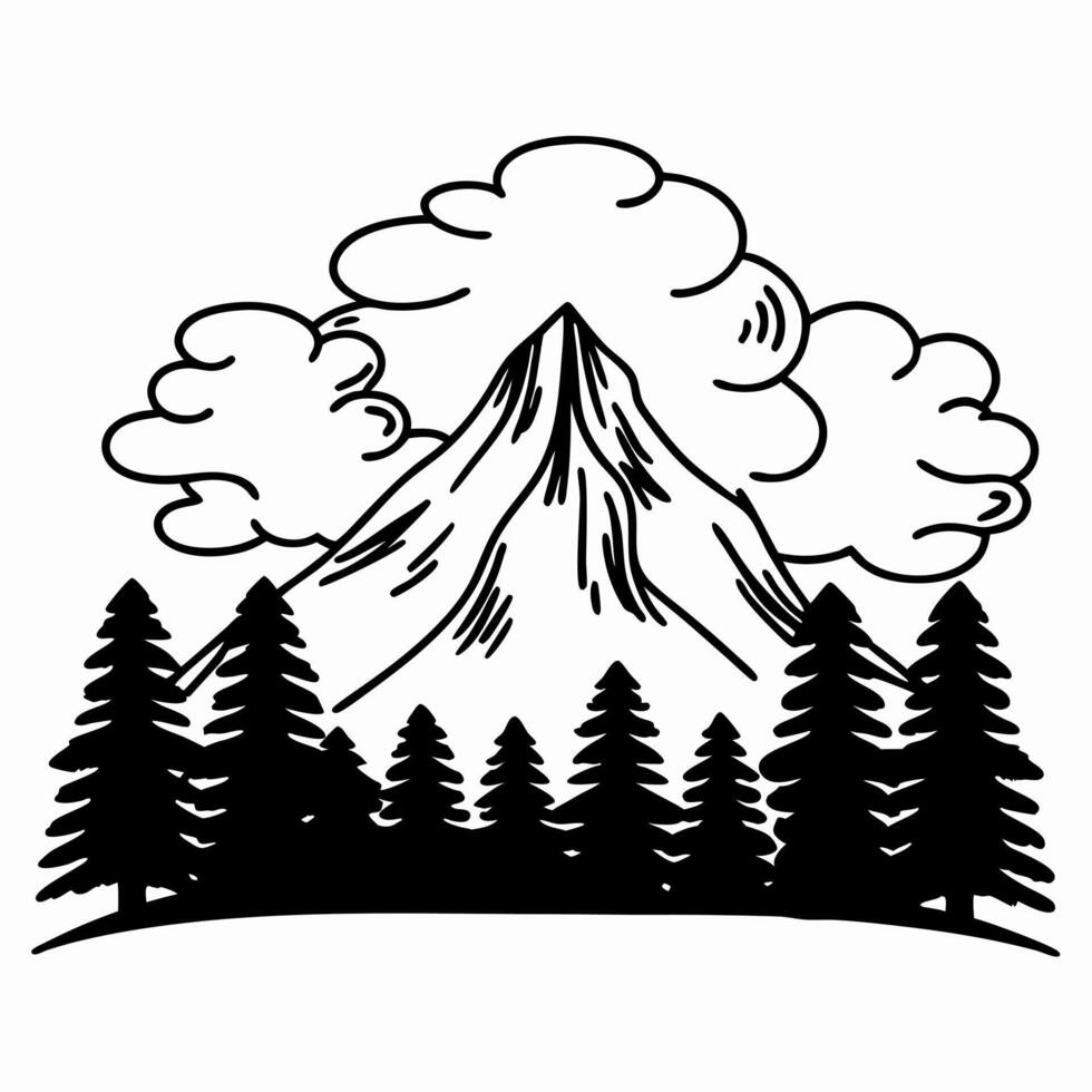 Mountain landscape illustration with trees and clouds, black and white nature art vector