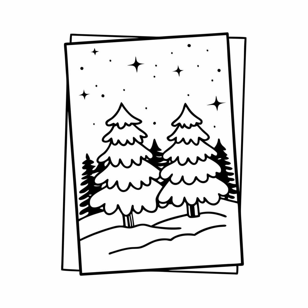 Winter holiday card featuring snow covered evergreen trees and starry night sky, minimalistic line art illustration vector