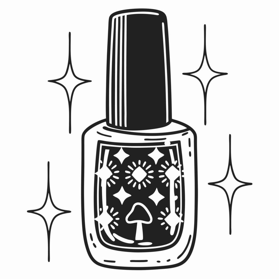 Stylish ornamental nail polish bottle with star decorations, magic mushroom design vector