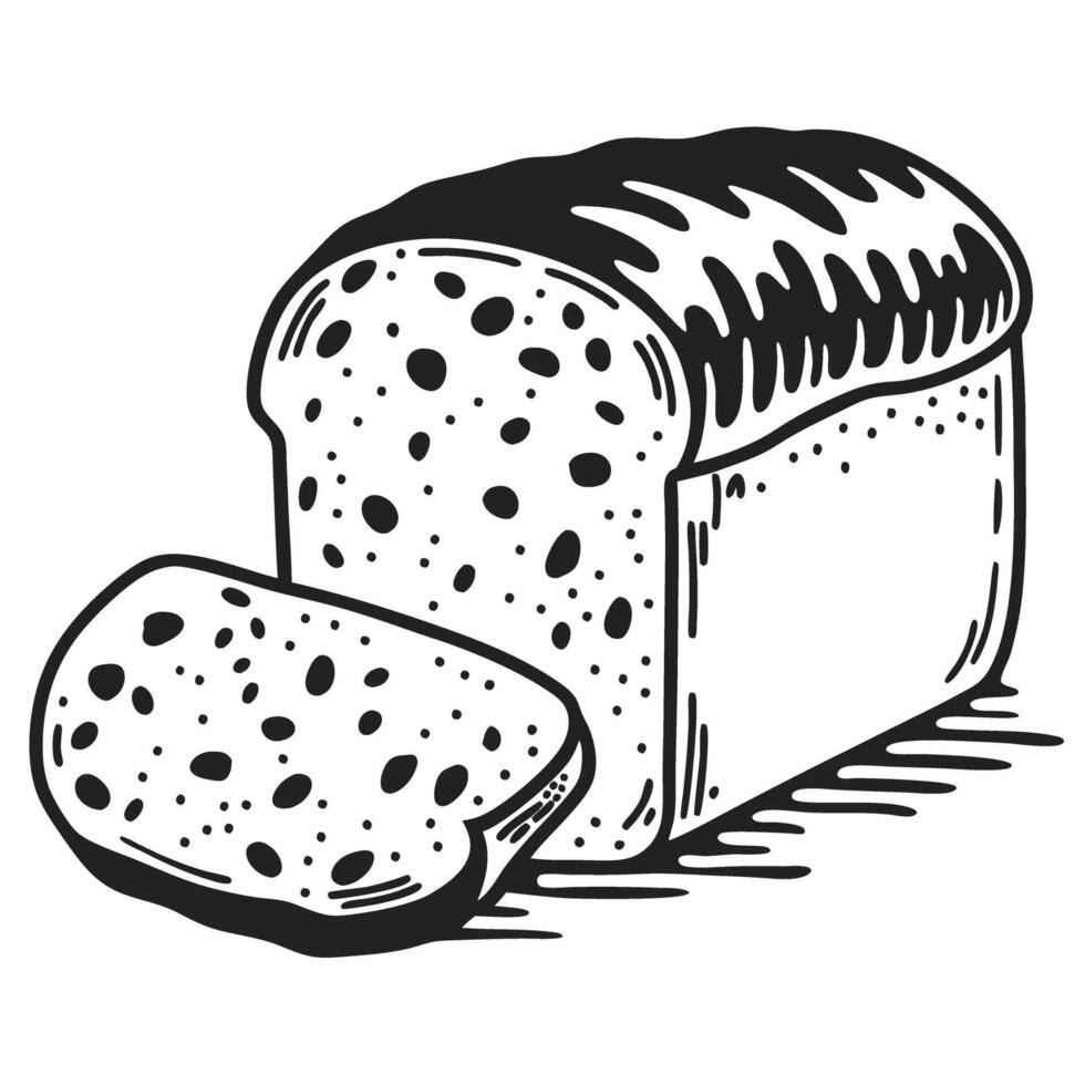 Whole grain bread illustration sliced loaf with detailed texture, black and white drawing vector