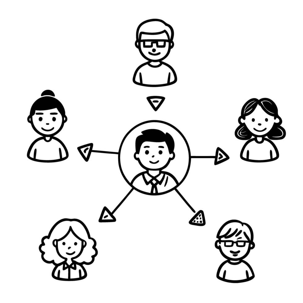 Networking and communication hub circular group of professionals, teamwork collaboration, organizational structure vector