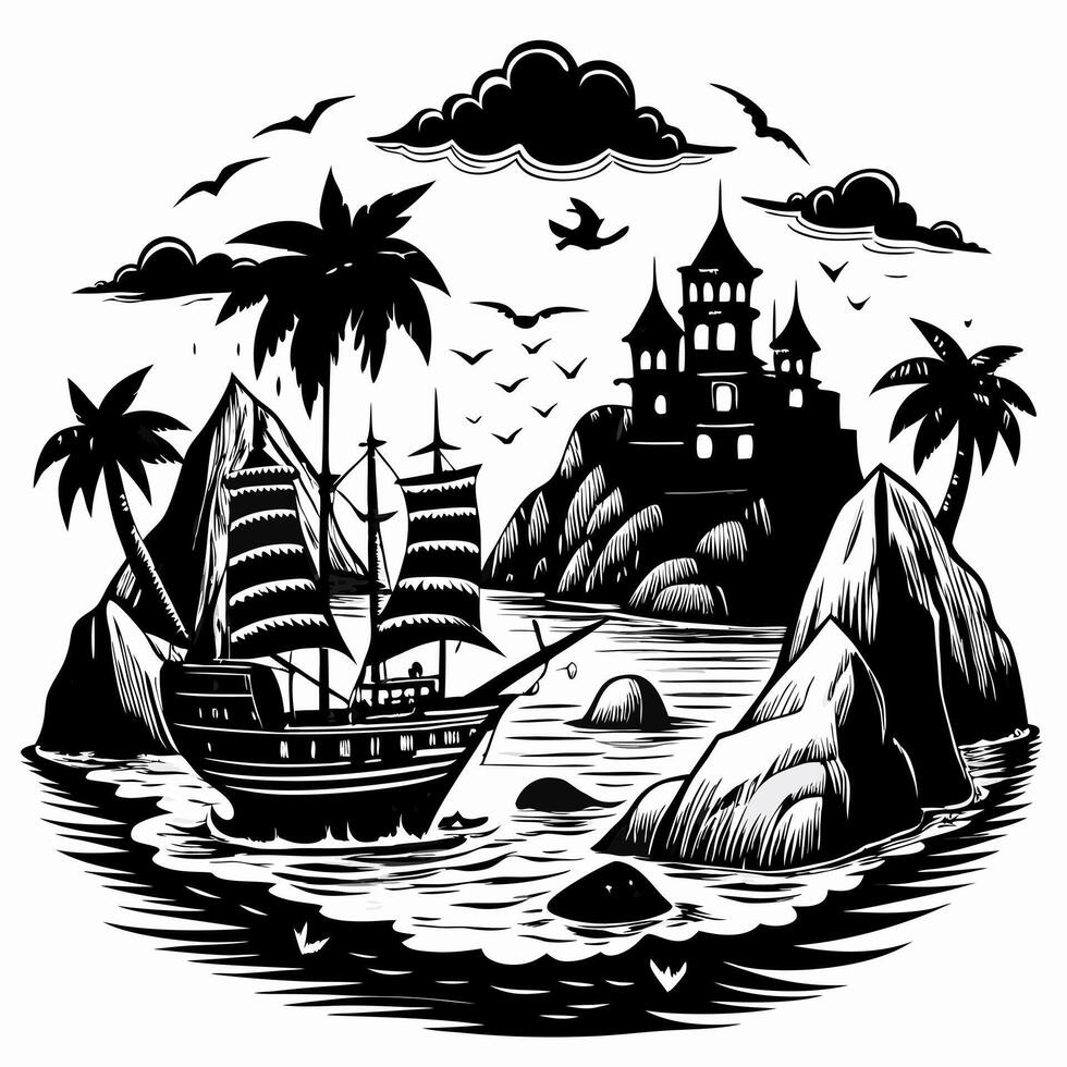 Mystical Island Castle with Pirate Ship and Palm Trees in Black and White vector