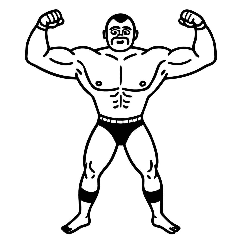 Strongman flexing muscles, illustration fitness and bodybuilding concept, black and white vector
