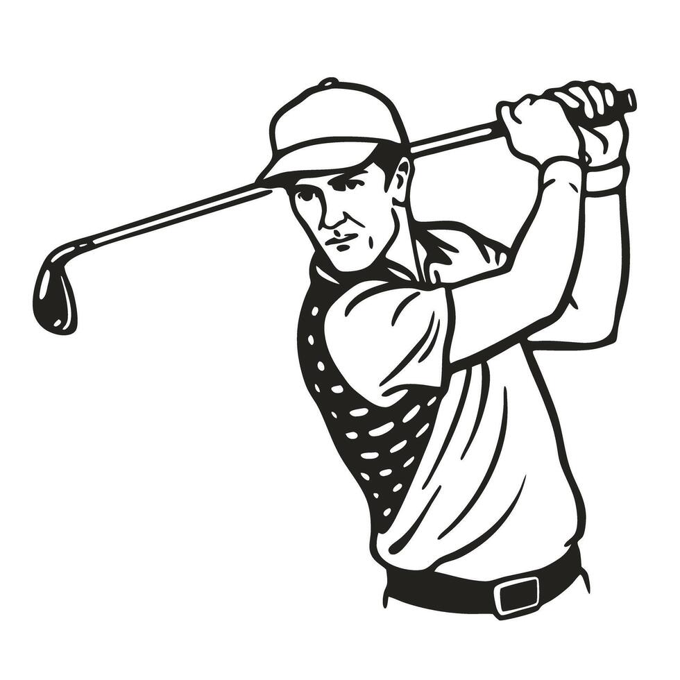 golfer swinging club vintage illustration of golf, focus on sport precision and athleticism in classic attire vector